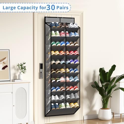 20-30 Pairs Grey Over the Door Shoe Organizer, Mesh Hanging Shoe Rack for Door Storage with 20 Wide Deep Pockets,10-Tier Door Shoe Holder Fits Sneakers, Boots.