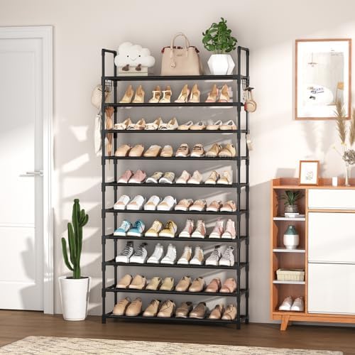 10 Tier Shoe Rack Tall Large Capacity Wide Shoe Organizer with Two Hooks Sturdy Metal Shoe Shelf for Entryway, Closet, Bedroom