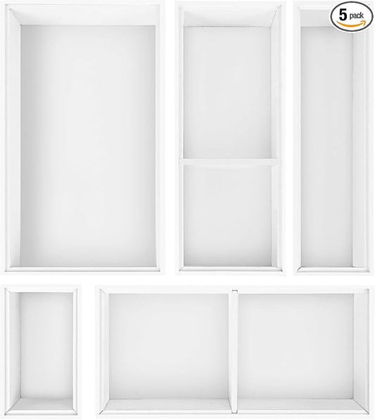 Bamboo Drawer Organizer, 5 PCS White Bathroom Tray&Desk Organizers and Storage