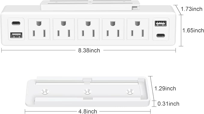40W Under Desk Power Strip Mountable,20W USB-C Fast Charging Flat Plug Power Strip Surge Protector 1200J,9 in 1 Desk Outlet,5 Outlets,2 USB-C,2 USB-A,10FT Extension Cord White