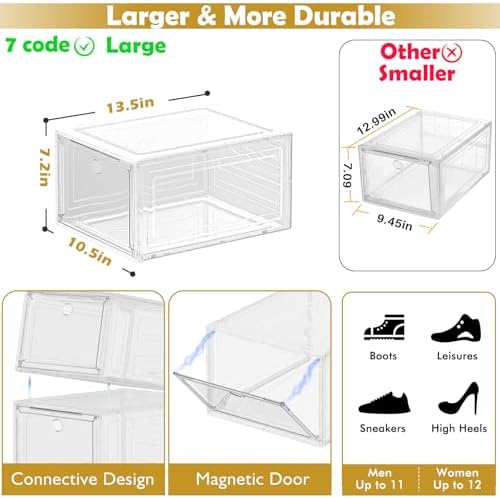 Large Thick Clear Shoe Organizer, Magnetic Door Stackable Shoe Storage Box