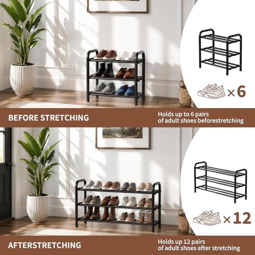 3-Tier Expandable Shoe Rack, Adjustable Shoe Shelf Storage Organizer