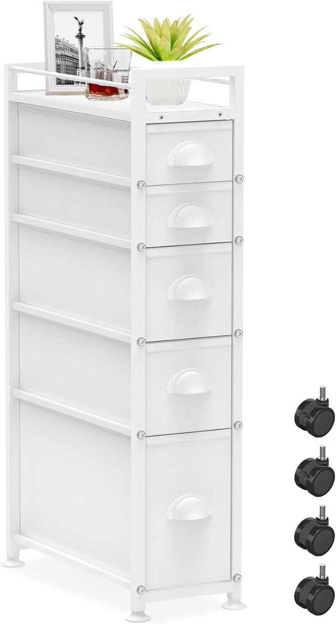 5 Drawer Narrow Slim Cabinet Skinny Storage Tower Chest, White