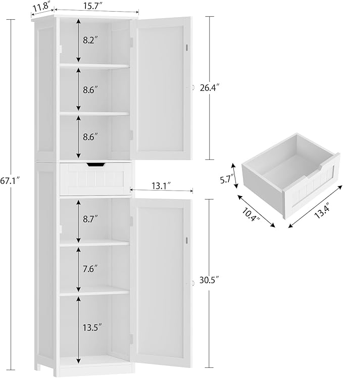 67" Tall Bathroom Cabinet, Storage Cabinet with 2 Doors & 1 Drawer