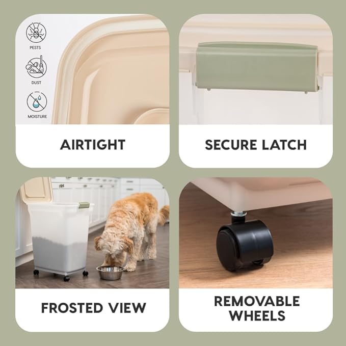 IRIS USA Airtight Dog Food Storage Container, WeatherPro, Up to 40 lbs, Removable Wheels, for Dog Cat Bird and Other Pet Food Storage Bin, Keep Fresh, Translucent Body, Made in USA, Almond/Pearl