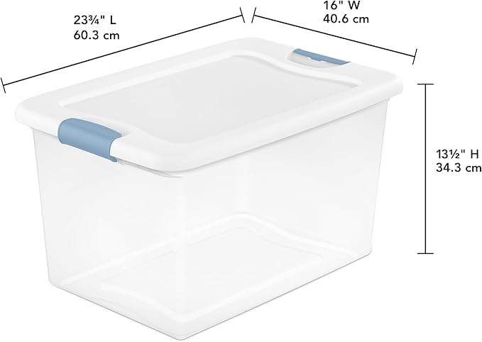 12-Pack Latching Box, Clear Plastic Organizer Bins with White Lids, 64 Quart