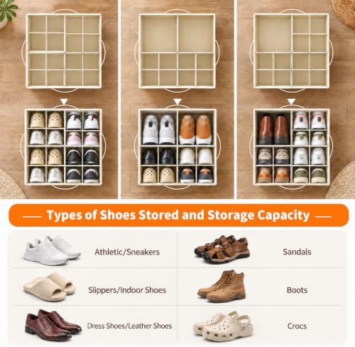 Shoe Organizer for Closet, Foldable Shoe Storage with Adjustable Dividers