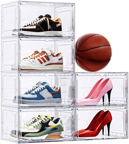 6 Pack Hard Plastic Clear Shoe Storage Organizer Boxes, White