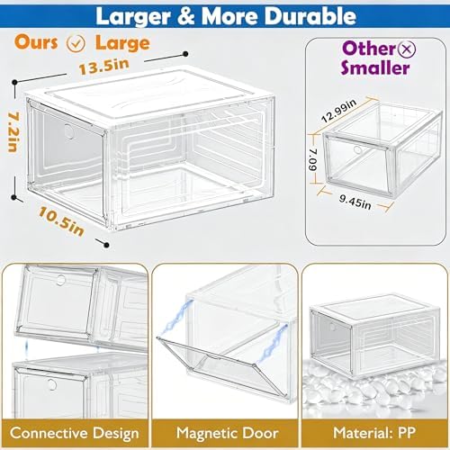 Sturdy Clear Shoe Organizer with Magnetic Door, Stackable Shoe Storage Box