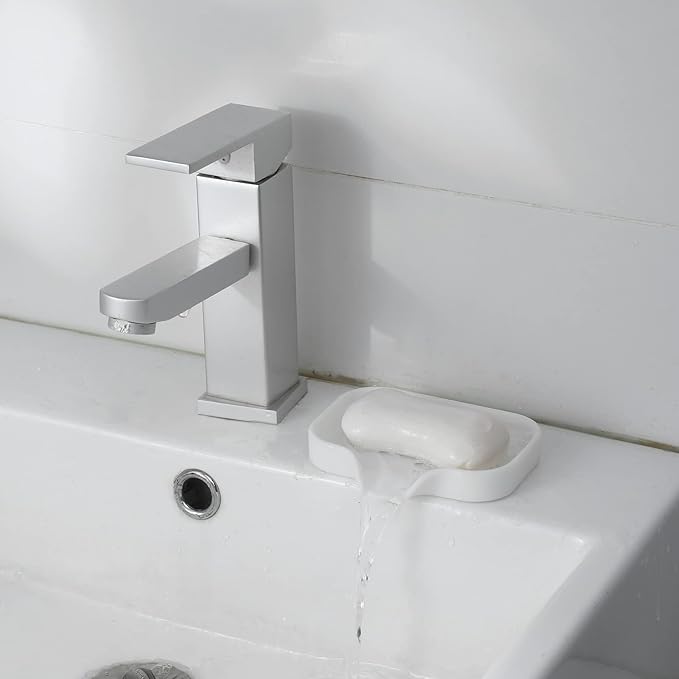 MicoYang Silicone Soap Dish with Drain Spout — Self-Draining Sink Organizer Tray for Bathroom & Kitchen, Holds Bar Soap, Sponges & Dispensers, Non-Slip & Dishwasher Safe, White (Small, 4.9"×3.2")