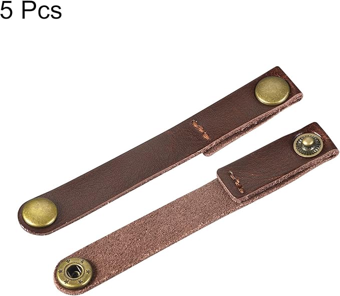 MECCANIXITY Pack of 5 Leather Cable Straps Cord Organizer 90x12mm Portable Cable Leather Clips Brown Earphone Cord Management for Cable, Wire