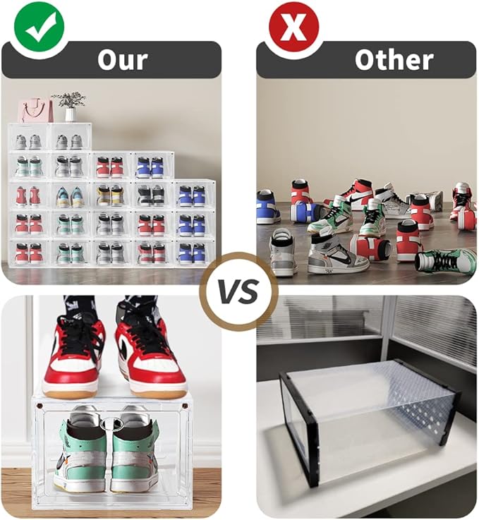 Large Clear Plastic Shoe Boxes Stackable, 10 Pack Drop Front Shoe Storage Box 0rganizer, Sneaker Storage Shoe Containers Display Case for Size 12 (Ash 10pack)