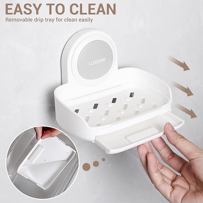 LUXEAR Shower Caddy Suction Cup 2 Pack Suction Shower Basket + Soap Dish Holder NO-Drilling Removable One Second Installation Shower Organizer Powerful Waterproof Bathroom Caddy Storage