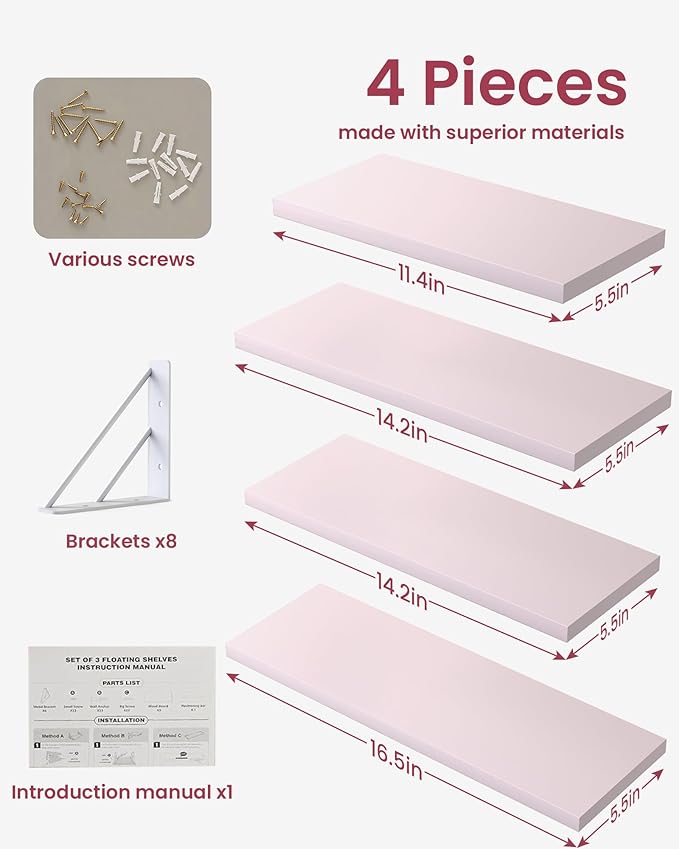 Wall Shelves for Bedroom Decor, 16in，Set of 4