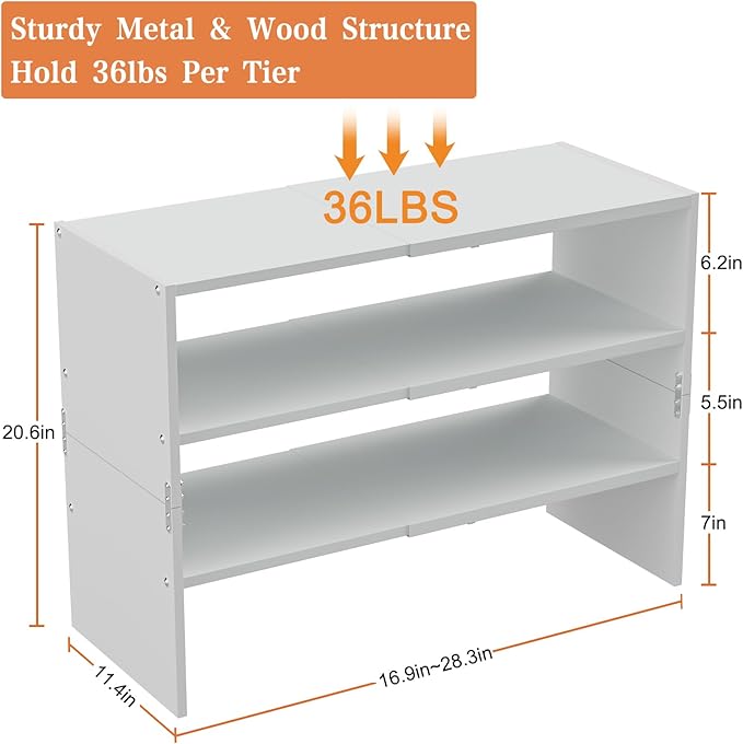 White Shoe Rack Organizer for Closet, 3-Tier Expandable Shoe Shelf, Stackable Iron Wood Combination Shoe Racks Shelves for Closets, Entryway,Small Space,Hallway,Garage,Holds 8-16 Pairs of Shoes