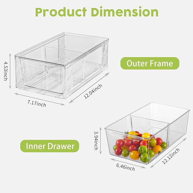 6Pack Acrylic Storage Drawers, Clear Stackable Storage Drawers, Acrylic Storage Bins with Drawers for Fridge Organizers, PlasticDrawers Stackable for Makeup Organizers Cosmetic Display, Medium