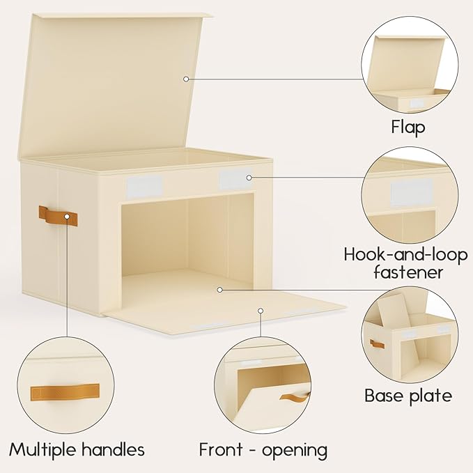 Homsorout Large Storage Bins with Lids - Front Opening Fabric Storage Bins, Flap Closet Organizer with Handles, Collapsible Boxes with Lid, Decorative Basket for Home, Dorm, 2 Pack, Beige