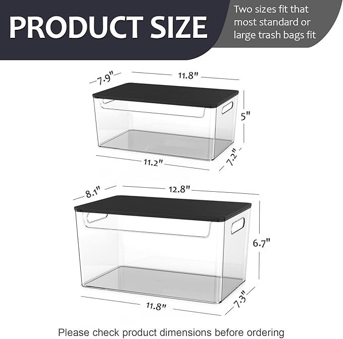 COAZEX 2 Pack Trash Bag Holder Under Sink Stackable, Plastic Garbage Bag Dispenser with Lid, Trash Bag Storage Dispenser Roll Holder for Kitchen, Pantry, Laundry Room Organization (Black Lid)