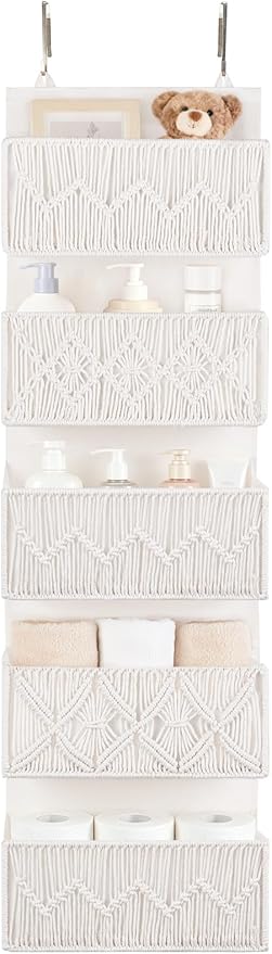 Dahey Over The Door Organizer Macrame Boho Nursery Storage Decor with 5 Large Woven Pockets Closet Behind Hanging Organizer for Bedroom Nursery Bathroom Apartments Dorm Pantry Decoration,White