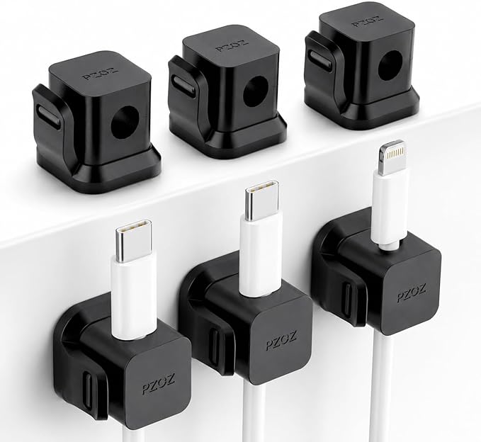 PZOZ 6 Pack Cable Organizer Clips, Adhesive Cord Holder for Desk, Secure Cable Management Clips for USB-C, Lightning & Charging Cables, Wire Organizer for Home Office Car (Black)
