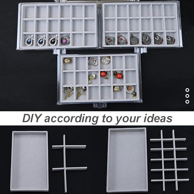 YUFONG Earring Organizer Box Acrylic Jewelry Organizer with 3 Drawers 54 Adjustable Grids Clear Stackable Earring Holder Velvet Trays Ring Display Case for Women Girls (Gray)