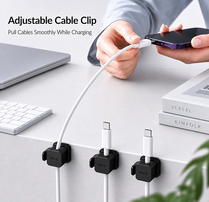 PZOZ 6 Pack Cable Organizer Clips, Adhesive Cord Holder for Desk, Secure Cable Management Clips for USB-C, Lightning & Charging Cables, Wire Organizer for Home Office Car (Black)