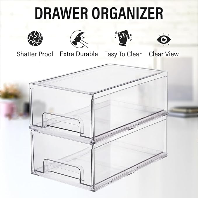 Clear Plastic Stackable Storage Drawers Bins, Perfect for Kitchen Pantry Organization and Storage, Under Sink Organizer, Pull Out Cabinet Organizer, Makeup, Bathroom Storage Containers for Organizing