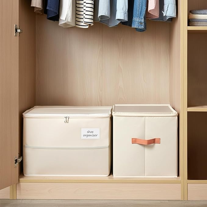 Shoe Organizer for Closet, Foldable Shoe Storage Organizer Containers with Clear Cover, Space Saving Shoes Holder with Handles, Beige (1, L)