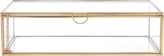 HighFree Vintage Glass Box with Lid - Clear Jewelry Glass Display Box Keepsake Box - Home Decor Decorative Box for Trinket Rings Bracelet (Gold, Medium)