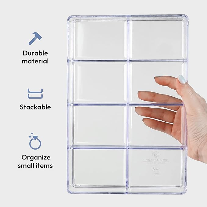 carrotez Small Stackable Jewelry Organizer Tray, 8 Grid, Clear Plastic Drawer Organizer for Makeup, Accessories, Desk, Vanity