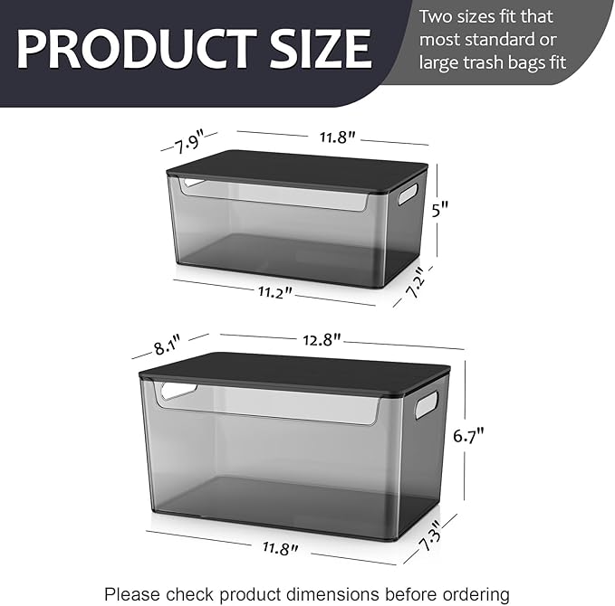 COAZEX 2 Pack Trash Bag Holder Under Sink Stackable, Plastic Garbage Bag Dispenser with Lid, Trash Bag Storage Dispenser Roll Holder for Kitchen, Pantry, Laundry Room Organization (Black)