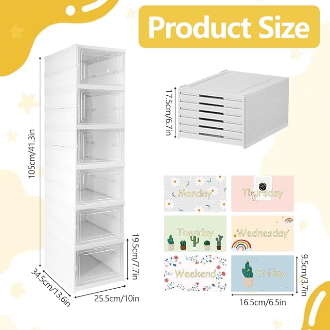 6 Shelf Weekly Clothes Organizer for Kids, Foldable Days of The Week Clothes Organizer with Door Hanging Closet Organizer Storage for Boys and Girls Monday Through Friday Essential Stuff (White)