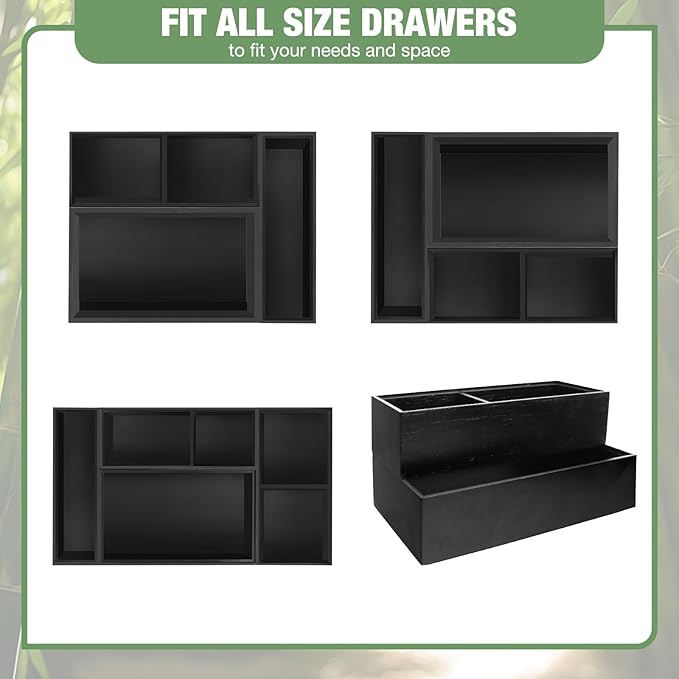 Bamboo Drawer Organizer, 5 PCS Black Silverware Tray&Desk Organizers and Storage