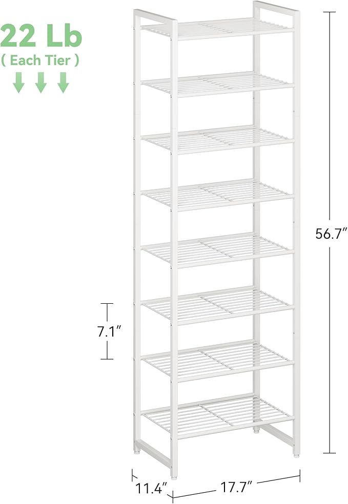 Nunsino Narrow Shoe Rack, 8-Tier Metal Shoe Organizer,Tall Shoe Shelf with Anti-Tip Strap, Max Holds 18 Pairs,Space Saving for Closet,Entryway,White
