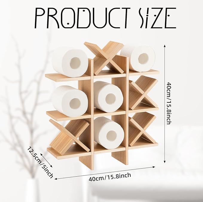 Weysat Tic Tac Toe Toilet Paper Holder Stand Bathroom Wall Decor Rustic Wooden Hanging Storage Freestanding Wall Mounted Shelves Decor for Toilet Tissue Farmhouse