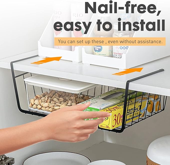 Under Shelf Basket Storage, Steel Under Shelf Hanging Wire Baskets Shelves for Laundry Room Kitchen Desk Pantry Bookshelf (Black, 4 Pack)