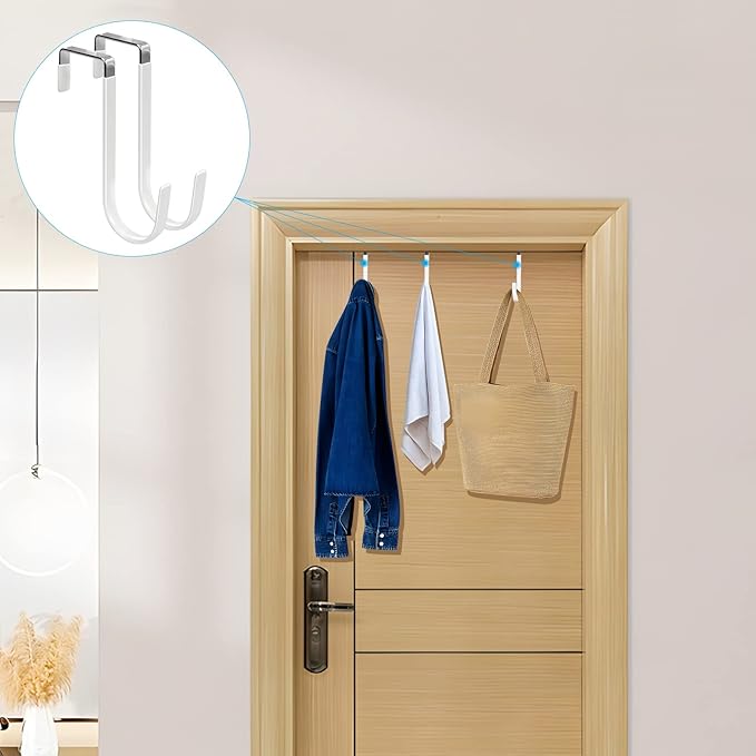 FYY Over the Door Hooks, 4 Pack Hangers Hooks with Rubber Prevent Scratches Heavy Duty Organizer for Living Room, Bathroom, Bedroom, Kitchen Hanging Clothes, Towels, Hats, Coats, Bags White