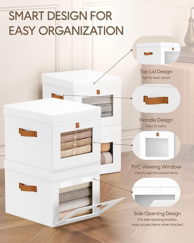 Homsorout Storage Bins with Lid – Closet Organizer with Side Opening and Clear Window, Foldable Stackable Fabric Basket for Clothes, Home, Office - 13.77" x 11.8" x 9.8", 4 Pack, White