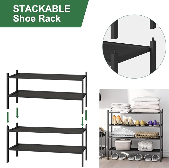 kiplant 2-Tier Black Bamboo Shoe Rack, Stackable Bamboo Wood Shoe Rack for Closet, Entryway & Hallway
