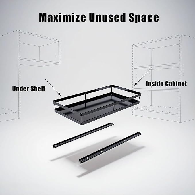Pull Out Cabinet Organizer, 1-Tier Slide Out Drawer for Kitchen Cabinets, No Drill Adhesive Under Sink Organizer, Ball Bearing Cabinet Pull Out Shelf, Heavy Duty Iron Wire Basket