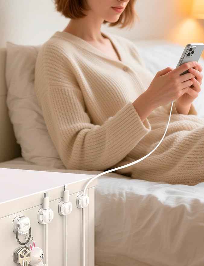 Cable Clips,8 Pack Cord Holder Cord Organizer [1s Lock & Strongest Adhesive] Spring Cord Clips Phone Charger Wire Desk Cable Management Nightstand Home Office School Decor Women Desk Accessories White