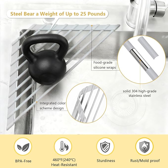 Credon Triangle Roll Up Dish Drying Rack, Foldable Anti-Slip Kitchen Sink Drainer Organizer, Silicone Coated Stainless Steel Frame, Multipurpose Over Sink Corner Caddy for Space Saving (Grey)