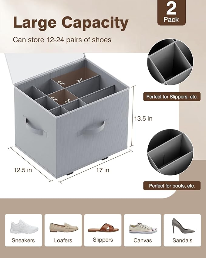 Shoe Organizer for Closet,House Again 2 Pack Shoe Storage Organizer with Wheels, Foldable Shoe Storage Box with Adjustable Dividers and Clear Cover, Reinforced Handles, Fits up to 12-24 Pairs, Gray