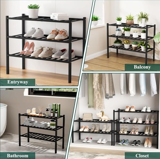 Smiry Bamboo Shoe Rack, 5 Tier Free Standing Wooden Shoe Organizer, Stackable Wood Shoe Storage Shelf for Closet, Entryway, 12 Vertical Slats, 2+2+1 Stack Standard Legs, 26.8"x11"x32.5", Black