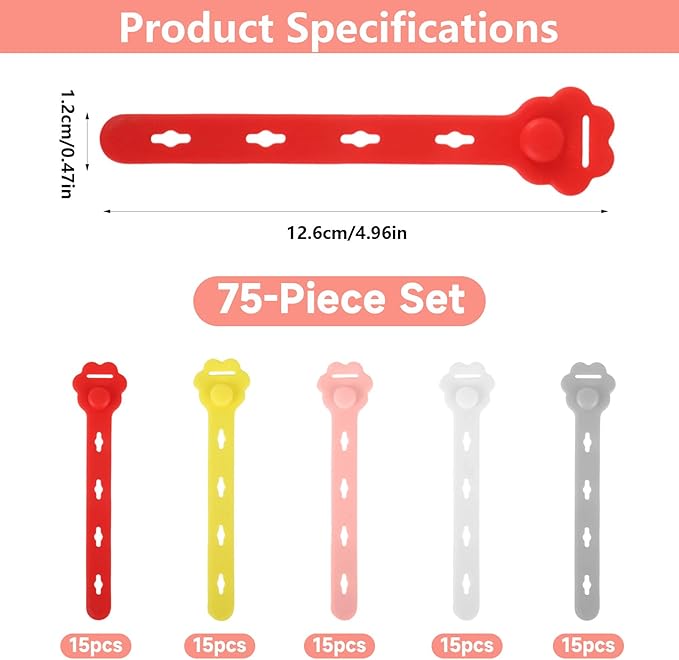 75Pcs Colorful Silicone Cable Ties,2026 New Data Cable Organizer,Reusable Cable Straps,Cable Management Cord Organizer for Fastening Phone Charger Home Office Desk Kitchen Appliances Cable CordsWires