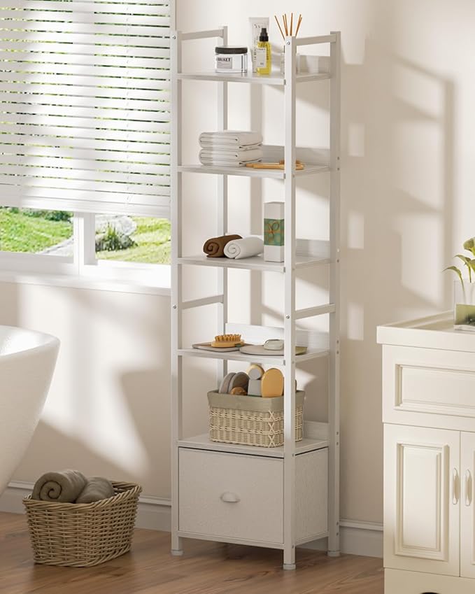 6 Tier Bookshelf, Tall Shelf with Drawer, White