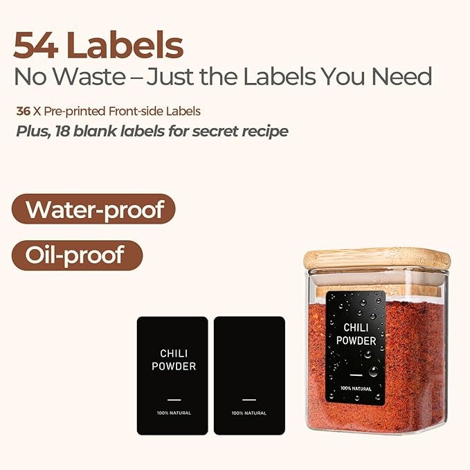 ComSaf Spice Jars with Label 4oz 16 Pack, Glass Spice Jars with Bamboo Lid, Mini Seasoning Containers with 54 Black Labels, Stackable for Kitchen, Pantry Organization, Loose Tea, Herbs, Powders, Salt