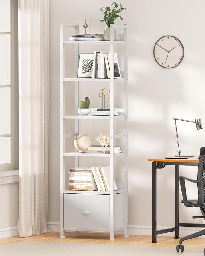 6 Tier Bookshelf, Tall Shelf with Drawer, White