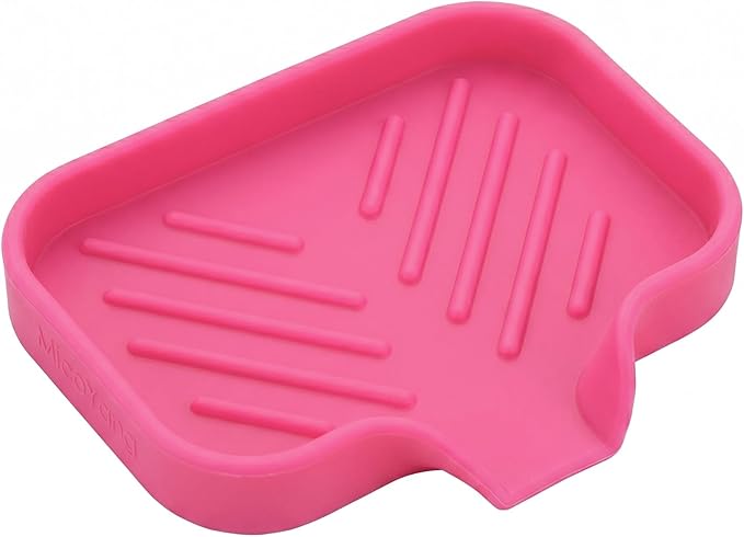 MicoYang Silicone Soap Dish with Drain Spout — Self-Draining Sink Organizer Tray for Bathroom & Kitchen, Holds Bar Soap, Sponges & Dispensers, Non-Slip & Dishwasher Safe, Rose Red (Small, 4.9"×3.2")