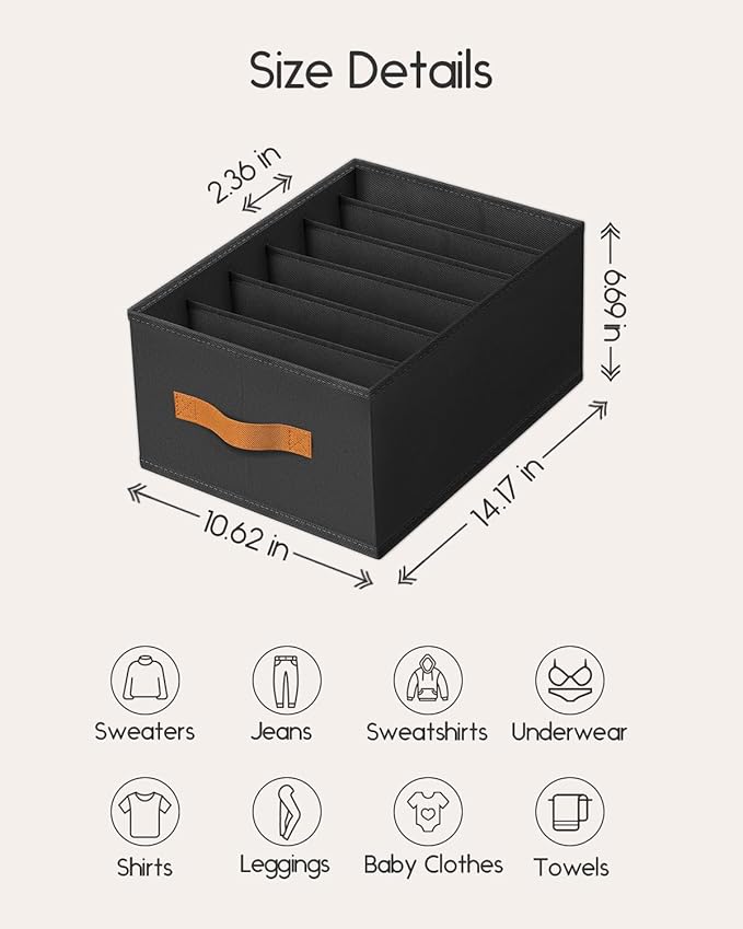 Homsorout Closet Organizers and Storage - Fabric Clothes Organizer with Handles, Foldable Jeans Organizer for Clothes, Drawer Organizer for Shirts, Bra, Sweater, Scarf, 6 Pack, Black